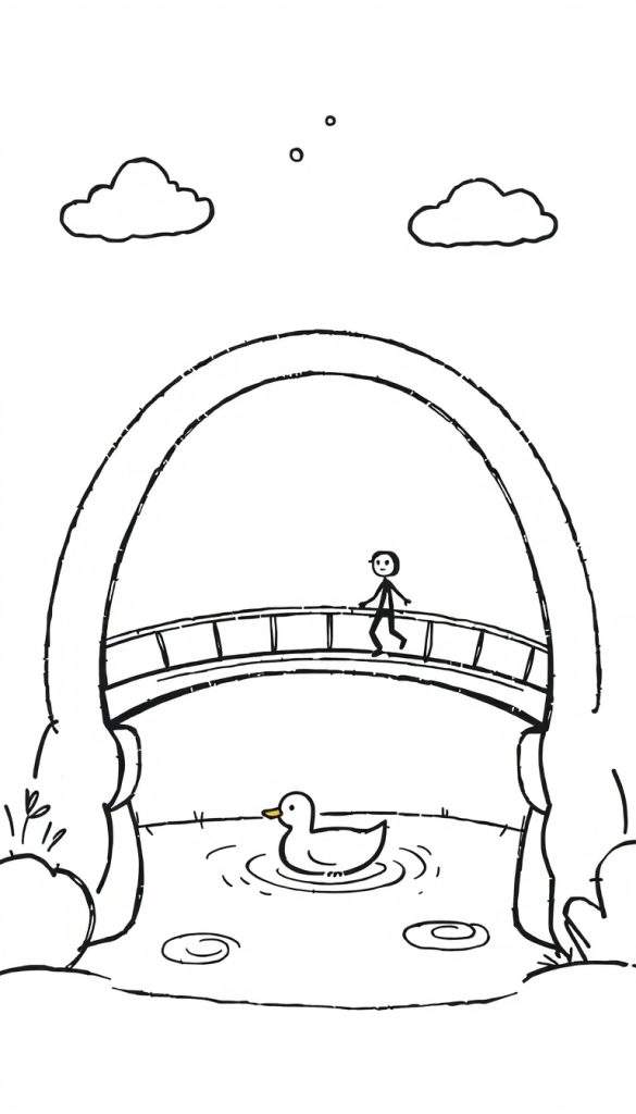 Kleurplaat van een simpel buitenlandschap met een brug over water, een lopende figuur, een eend en wolken.