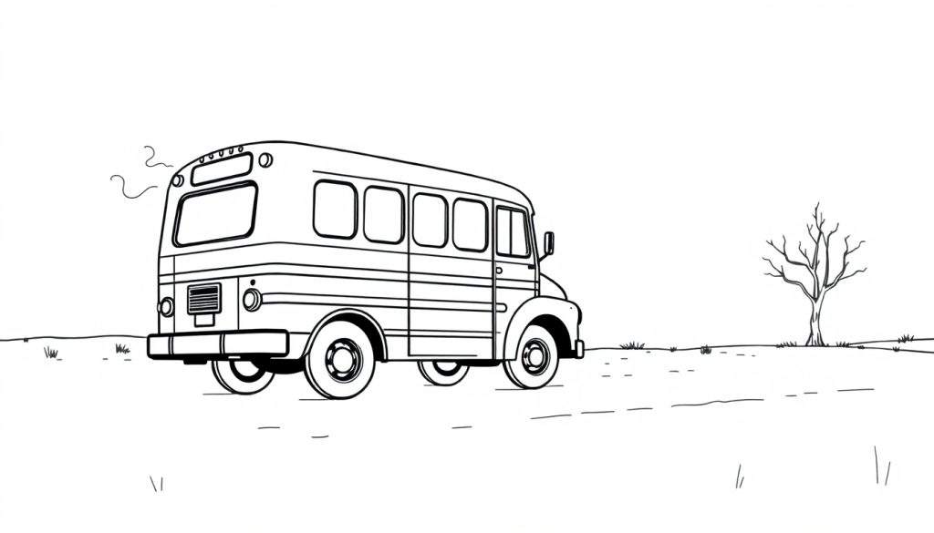 Zwart-wit lijntekening van een bus van achteren en half van de zijkant gezien, staand in een open grasland met een kale boom rechts. Rook komt uit de uitlaat van de bus.