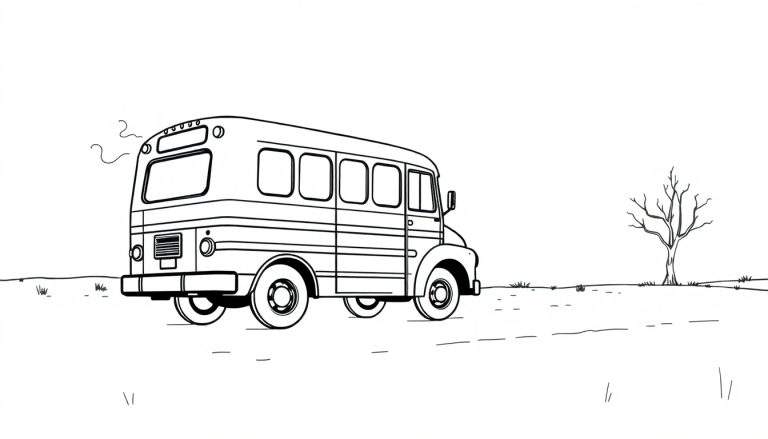 Zwart-wit lijntekening van een bus van achteren en half van de zijkant gezien, staand in een open grasland met een kale boom rechts. Rook komt uit de uitlaat van de bus.