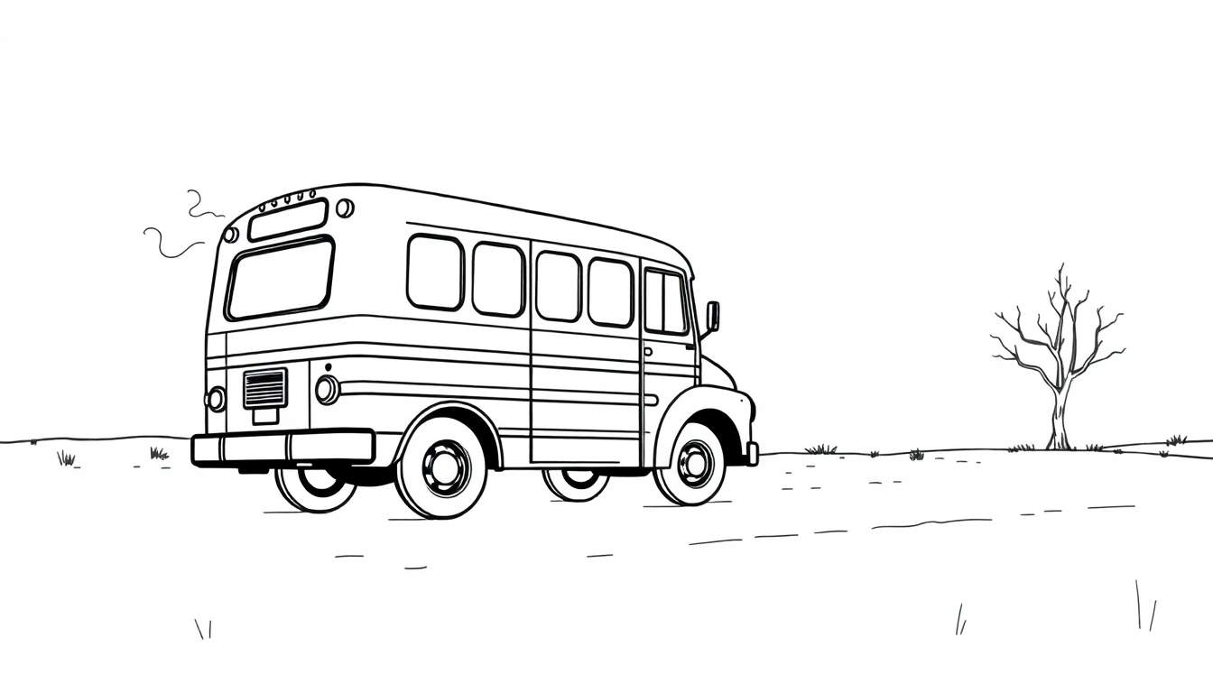 Zwart-wit lijntekening van een bus van achteren en half van de zijkant gezien, staand in een open grasland met een kale boom rechts. Rook komt uit de uitlaat van de bus.