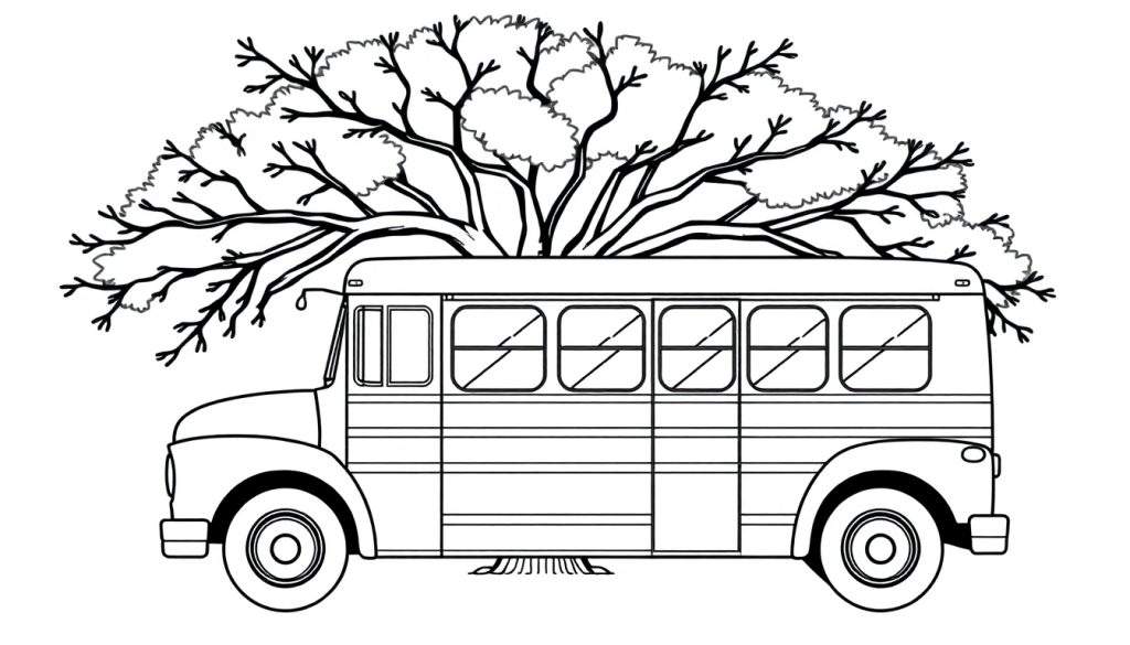 Zwart-witte lijntekening van een ouderwetse bus met een grote boom op het dak, klaar om ingekleurd te worden.