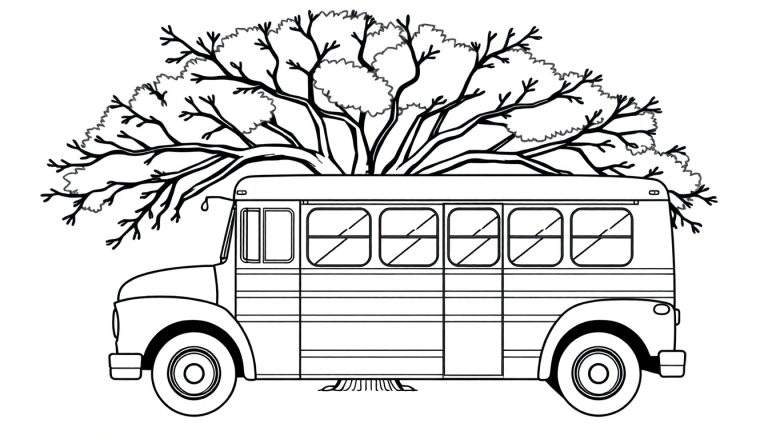 Zwart-witte lijntekening van een ouderwetse bus met een grote boom op het dak, klaar om ingekleurd te worden.