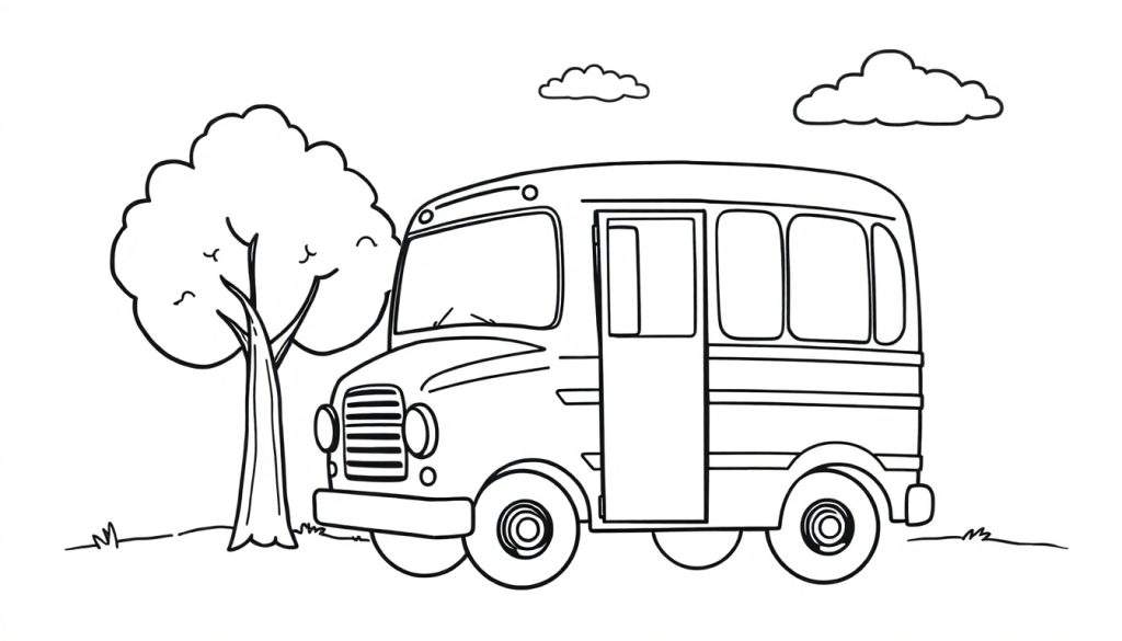 Kleurplaat van een cartoonachtig busje met een open deur, een grote boom en twee wolken.