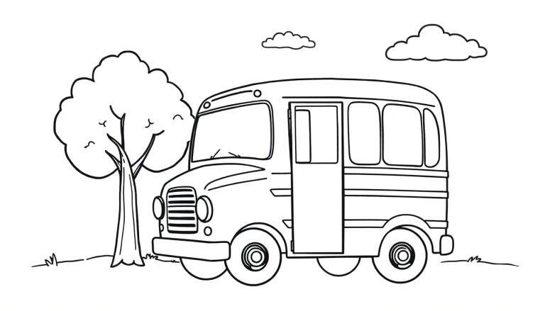 Kleurplaat van een cartoonachtig busje met een open deur, een grote boom en twee wolken.