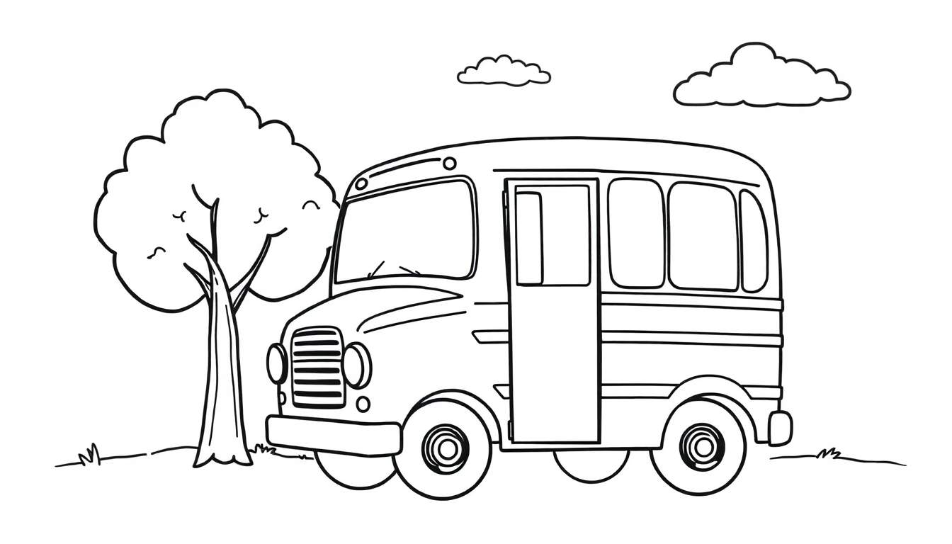 Kleurplaat van een cartoonachtig busje met een open deur, een grote boom en twee wolken.