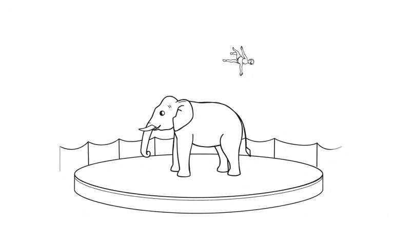 Kleurplaat van een olifant op een podium met een zwevende acrobaat erboven, in zwart-wit lijntekening.
