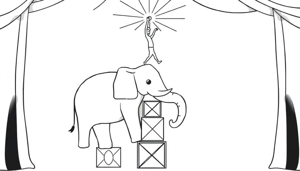 Kleurplaat van een circus olifant met een acrobaat op zijn rug, die naar een lichtgevend object reikt, omringd door gordijnen.