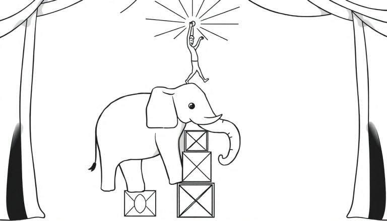 Kleurplaat van een circus olifant met een acrobaat op zijn rug, die naar een lichtgevend object reikt, omringd door gordijnen.