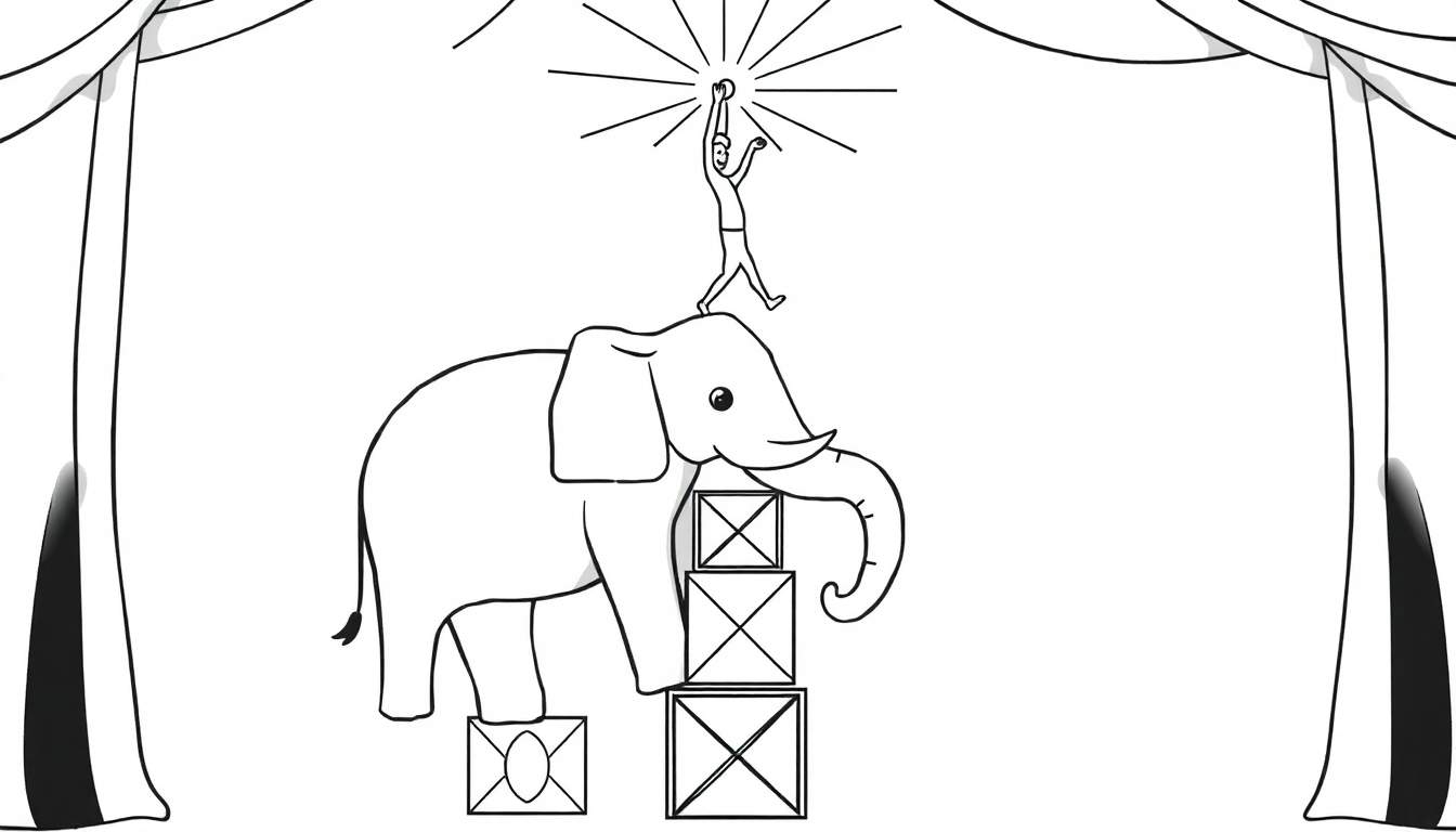 Kleurplaat van een circus olifant met een acrobaat op zijn rug, die naar een lichtgevend object reikt, omringd door gordijnen.