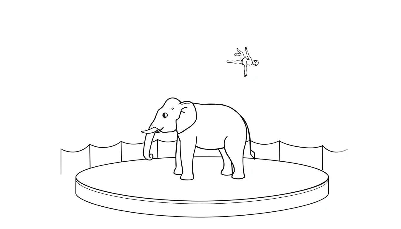 Kleurplaat van een olifant op een podium met een zwevende acrobaat erboven, in zwart-wit lijntekening.