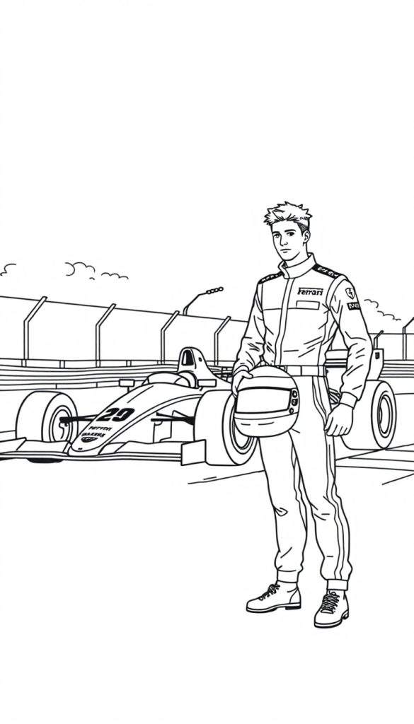 Kleurplaat van een jonge coureur met Ferrari logo en raceauto op circuit.
