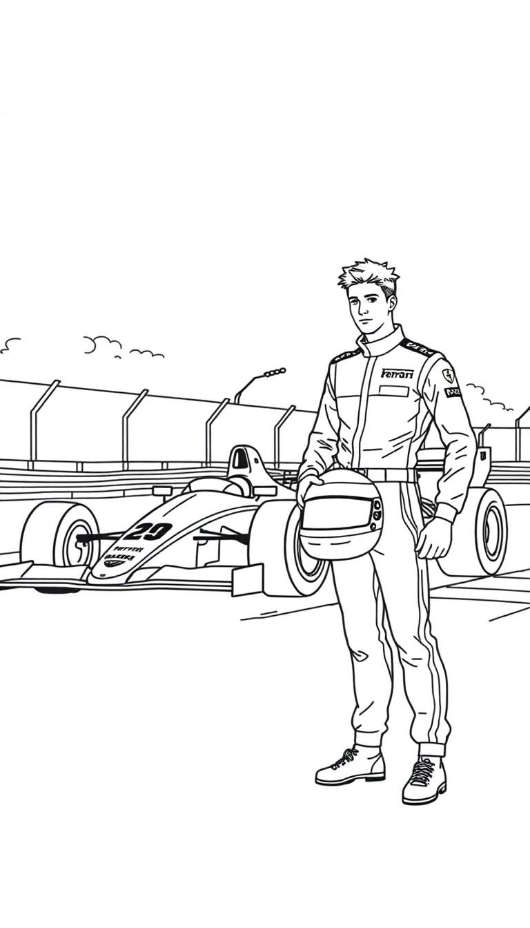 Kleurplaat van een jonge coureur met Ferrari logo en raceauto op circuit.