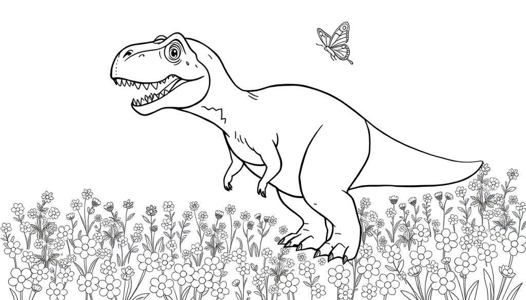 Kleurplaat van een grote dinosaurus met open bek, tanden zichtbaar, staand in een veld vol bloemen. Een vlinder vliegt boven de kop van de dinosaurus.