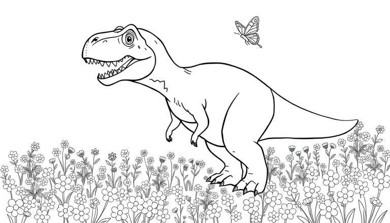 Kleurplaat van een grote dinosaurus met open bek, tanden zichtbaar, staand in een veld vol bloemen. Een vlinder vliegt boven de kop van de dinosaurus.