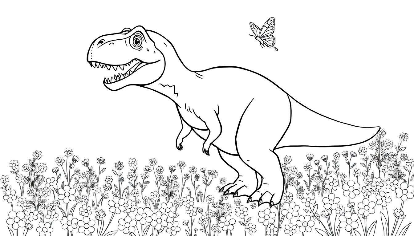 Kleurplaat van een grote dinosaurus met open bek, tanden zichtbaar, staand in een veld vol bloemen. Een vlinder vliegt boven de kop van de dinosaurus.