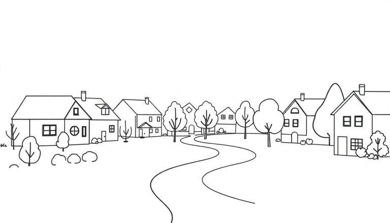 Zwart-wit lijnschets van een dorpsgezicht met huizen, bomen en een kronkelende weg, klaar om ingekleurd te worden.