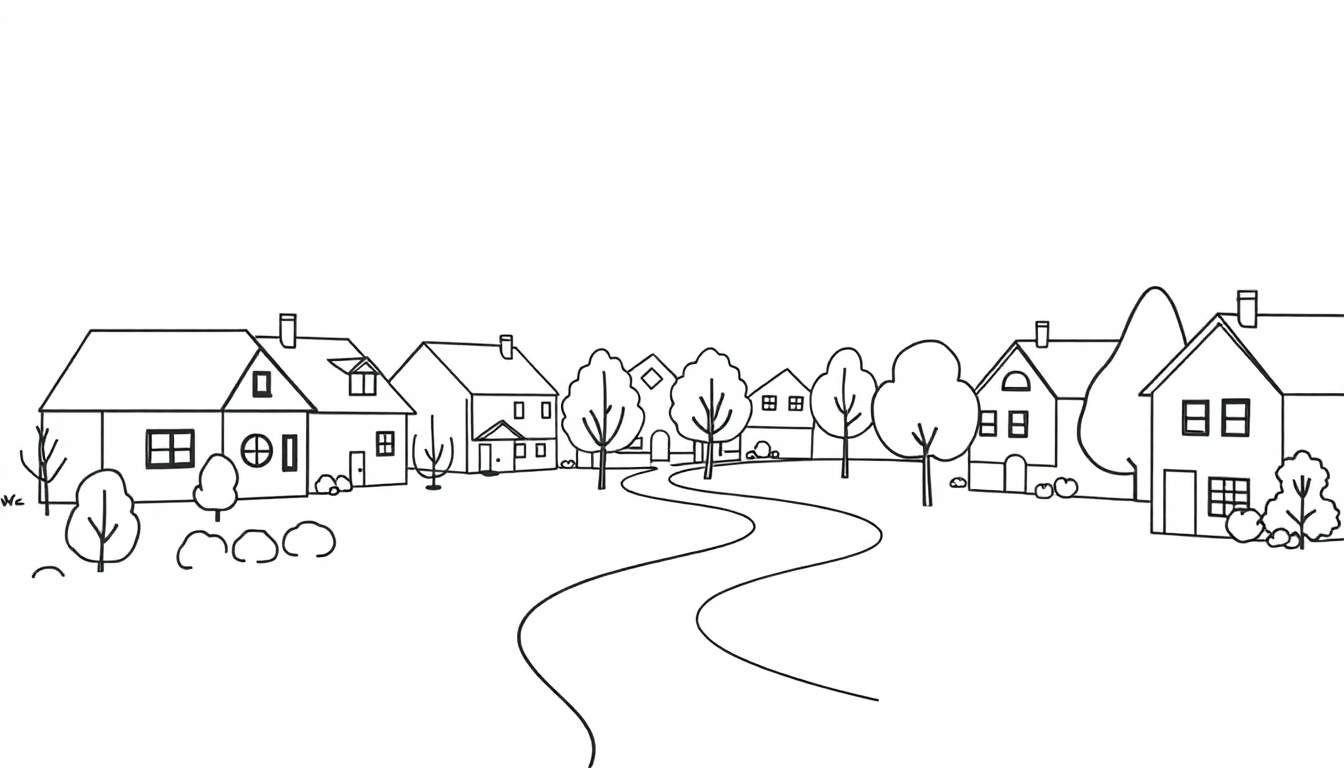 Zwart-wit lijnschets van een dorpsgezicht met huizen, bomen en een kronkelende weg, klaar om ingekleurd te worden.