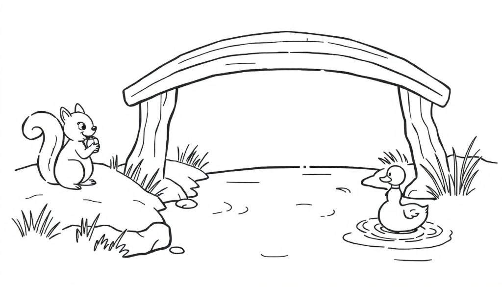 Zwart-wit kleurplaat van een eekhoorn met een nootje naast een houten brug, en een eendje dat zwemt in het water.