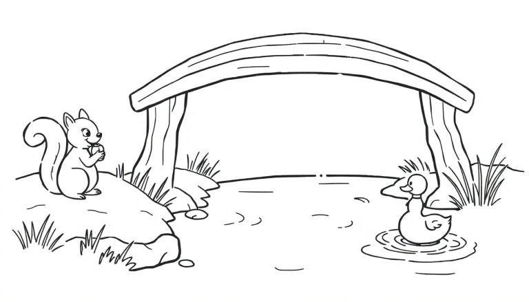 Zwart-wit kleurplaat van een eekhoorn met een nootje naast een houten brug, en een eendje dat zwemt in het water.