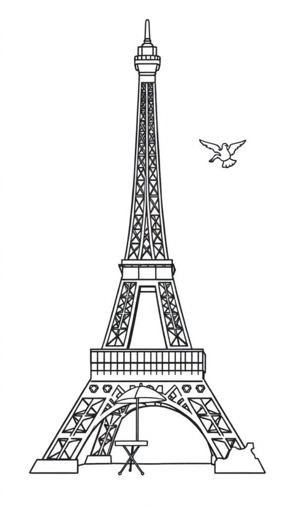 Zwart-wit lijntekening van de Eiffeltoren als kleurplaat, met een duif die rechtsboven vliegt en een tafeltje met parasol aan de linkerkant van de basis.