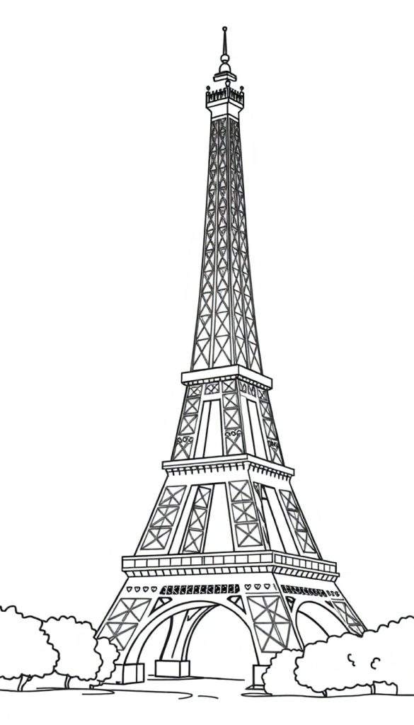 Zwart-witte lijntekening van de Eiffeltoren, ideaal om in te kleuren, met gestileerde bomen aan de voet en een witte achtergrond.