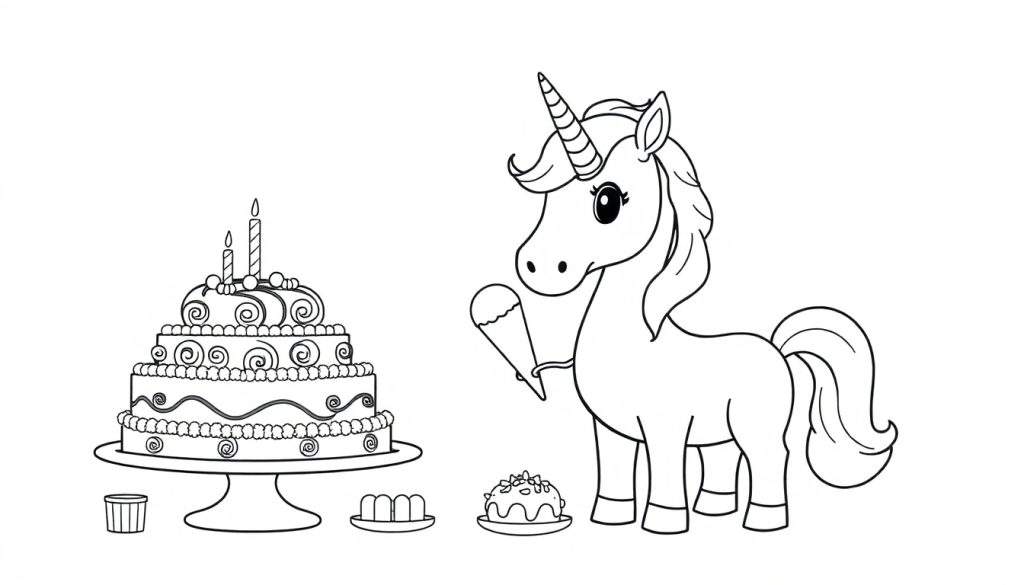 Kleurplaat met een verjaardagstaart, cupcakes en een eenhoorn die een ijshoorntje eet.