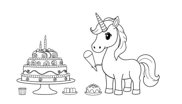 Kleurplaat met een verjaardagstaart, cupcakes en een eenhoorn die een ijshoorntje eet.