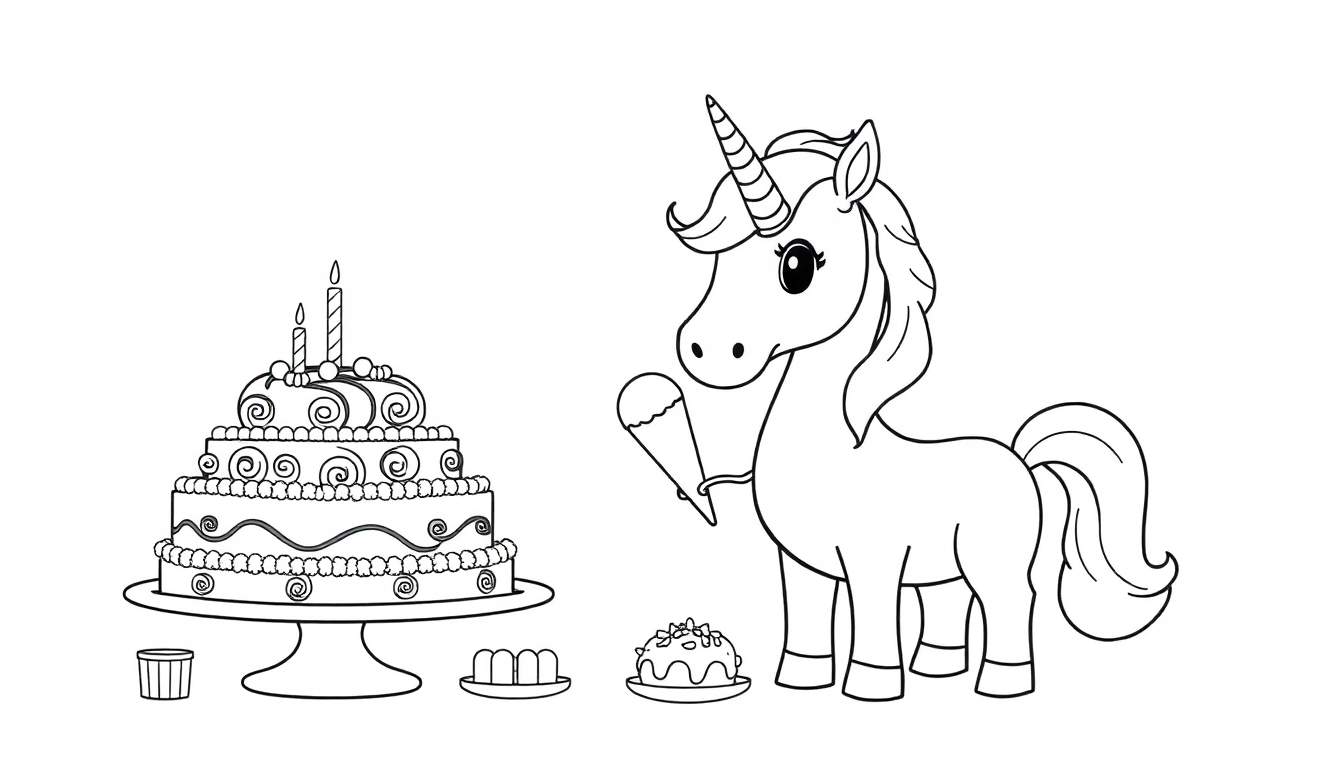 Kleurplaat met een verjaardagstaart, cupcakes en een eenhoorn die een ijshoorntje eet.