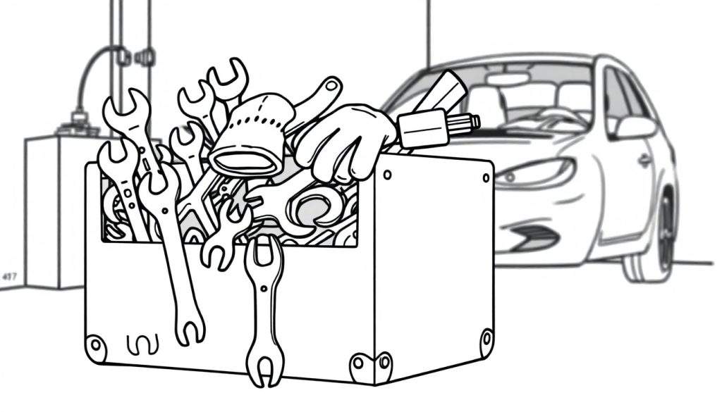 Kleurplaat van een gereedschapskist gevuld met steeksleutels en een auto op de achtergrond, in een garage.