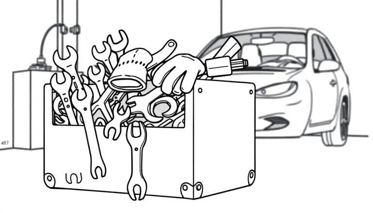 Kleurplaat van een gereedschapskist gevuld met steeksleutels en een auto op de achtergrond, in een garage.