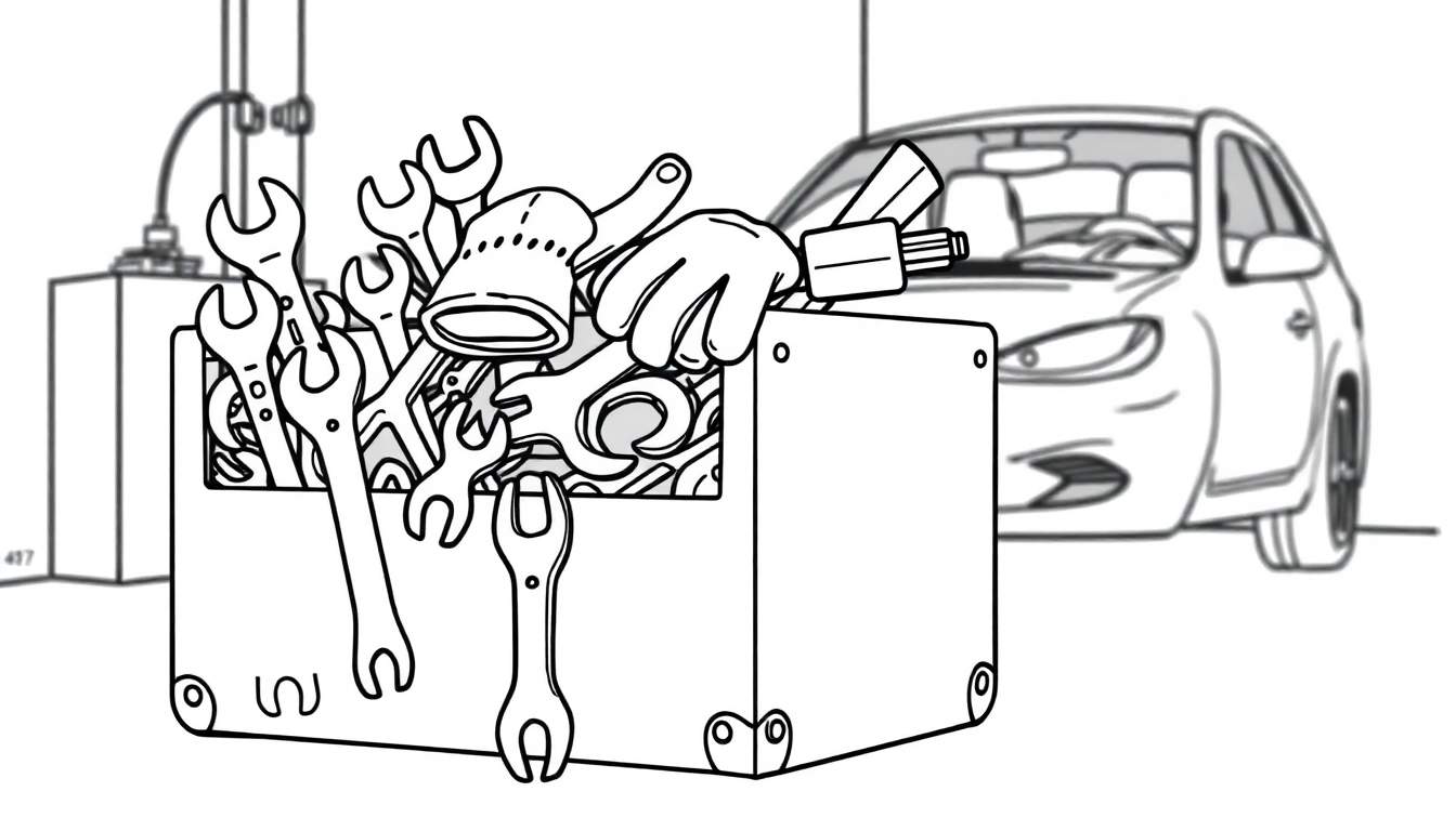 Kleurplaat van een gereedschapskist gevuld met steeksleutels en een auto op de achtergrond, in een garage.