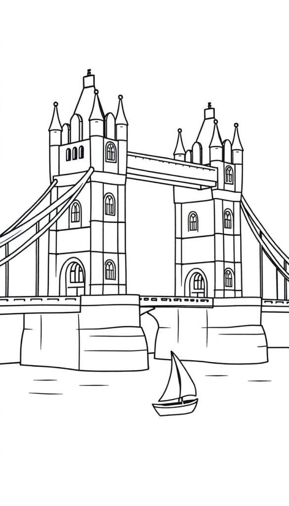 Kleurplaat van een grote brug met twee kasteelachtige torens, vergelijkbaar met de Tower Bridge, met een zeilbootje op het water eronder.