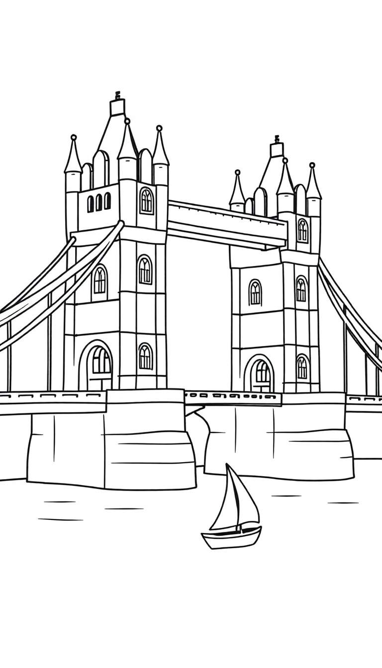 Kleurplaat van een grote brug met twee kasteelachtige torens, vergelijkbaar met de Tower Bridge, met een zeilbootje op het water eronder.