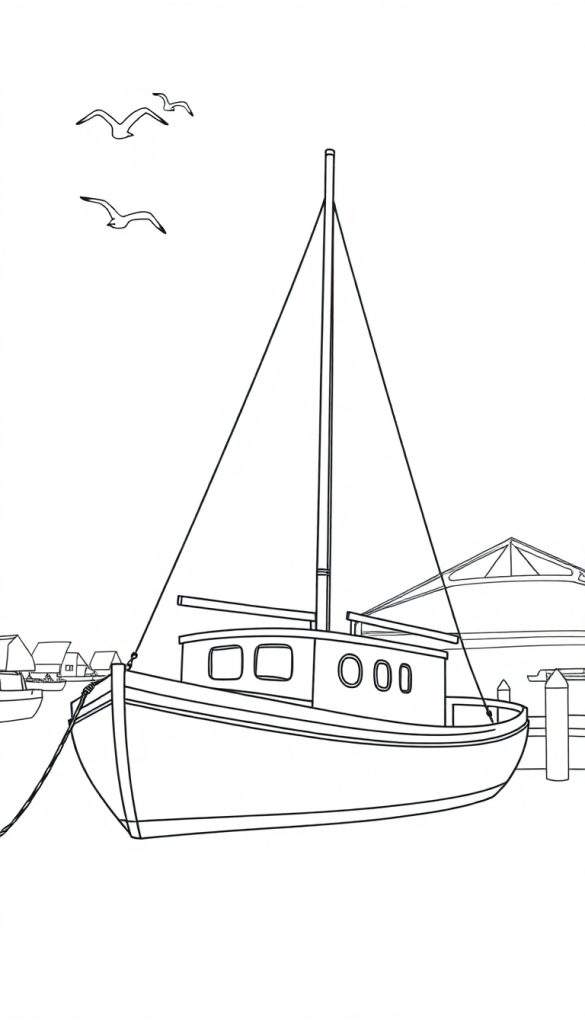 Zwart-wit kleurplaat van een boot in een haven, met een steiger, gebouwen en vliegende meeuwen.