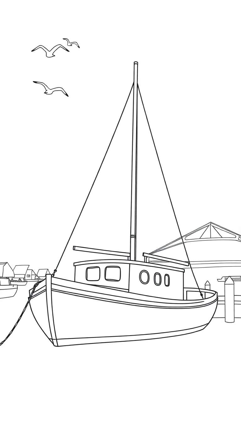 Zwart-wit kleurplaat van een boot in een haven, met een steiger, gebouwen en vliegende meeuwen.