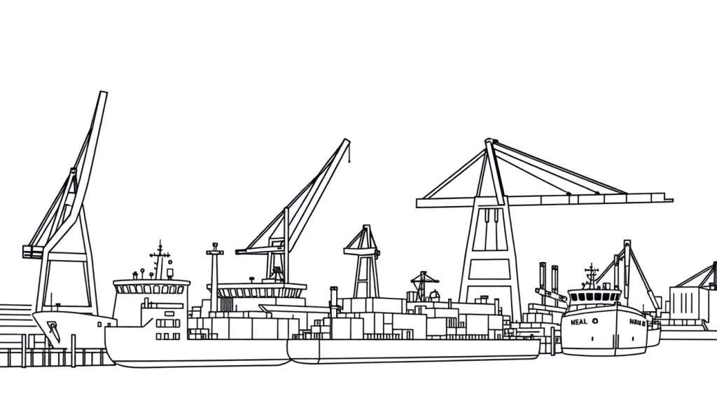 Zwart-wit lijntekening van een drukke haven met grote kranen en schepen, klaar om ingekleurd te worden.