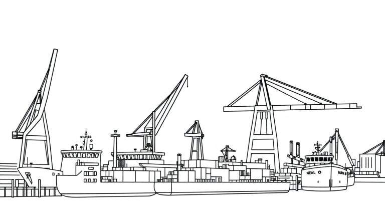 Zwart-wit lijntekening van een drukke haven met grote kranen en schepen, klaar om ingekleurd te worden.