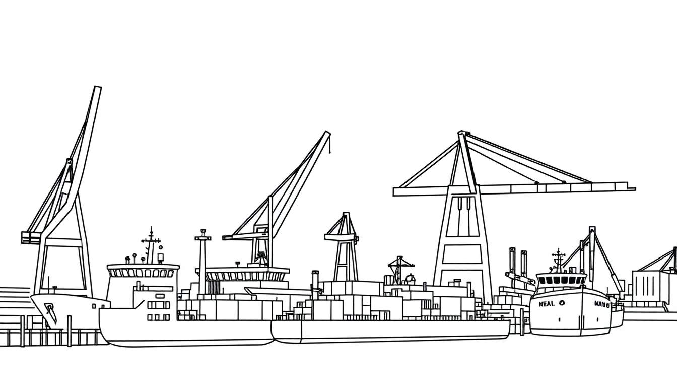 Zwart-wit lijntekening van een drukke haven met grote kranen en schepen, klaar om ingekleurd te worden.