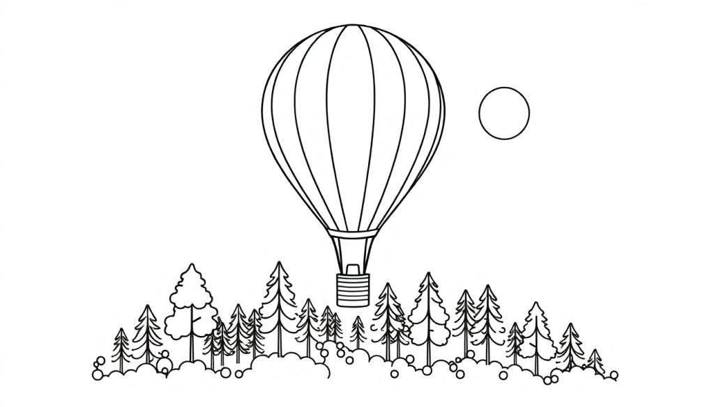 Kleurplaat van een heteluchtballon boven een bos met een zonnetje.