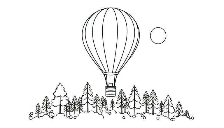 Kleurplaat van een heteluchtballon boven een bos met een zonnetje.