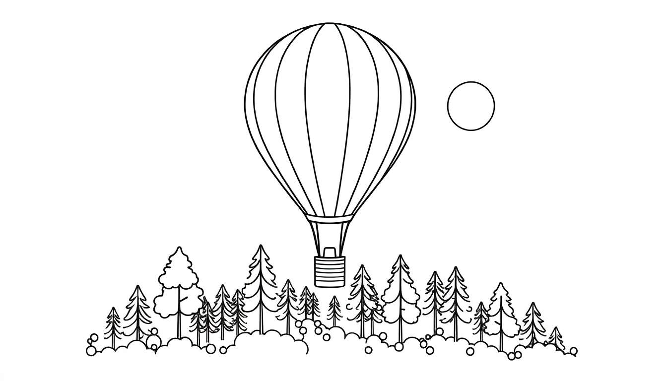 Kleurplaat van een heteluchtballon boven een bos met een zonnetje.