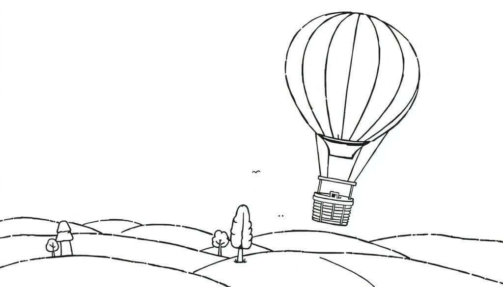 Zwart-wit lijntekening van een heteluchtballon boven heuvels met bomen en vogels in de lucht, klaar om gekleurd te worden.