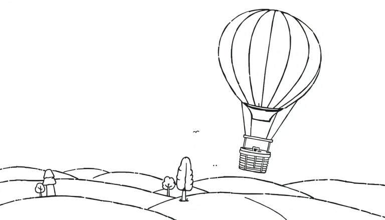 Zwart-wit lijntekening van een heteluchtballon boven heuvels met bomen en vogels in de lucht, klaar om gekleurd te worden.