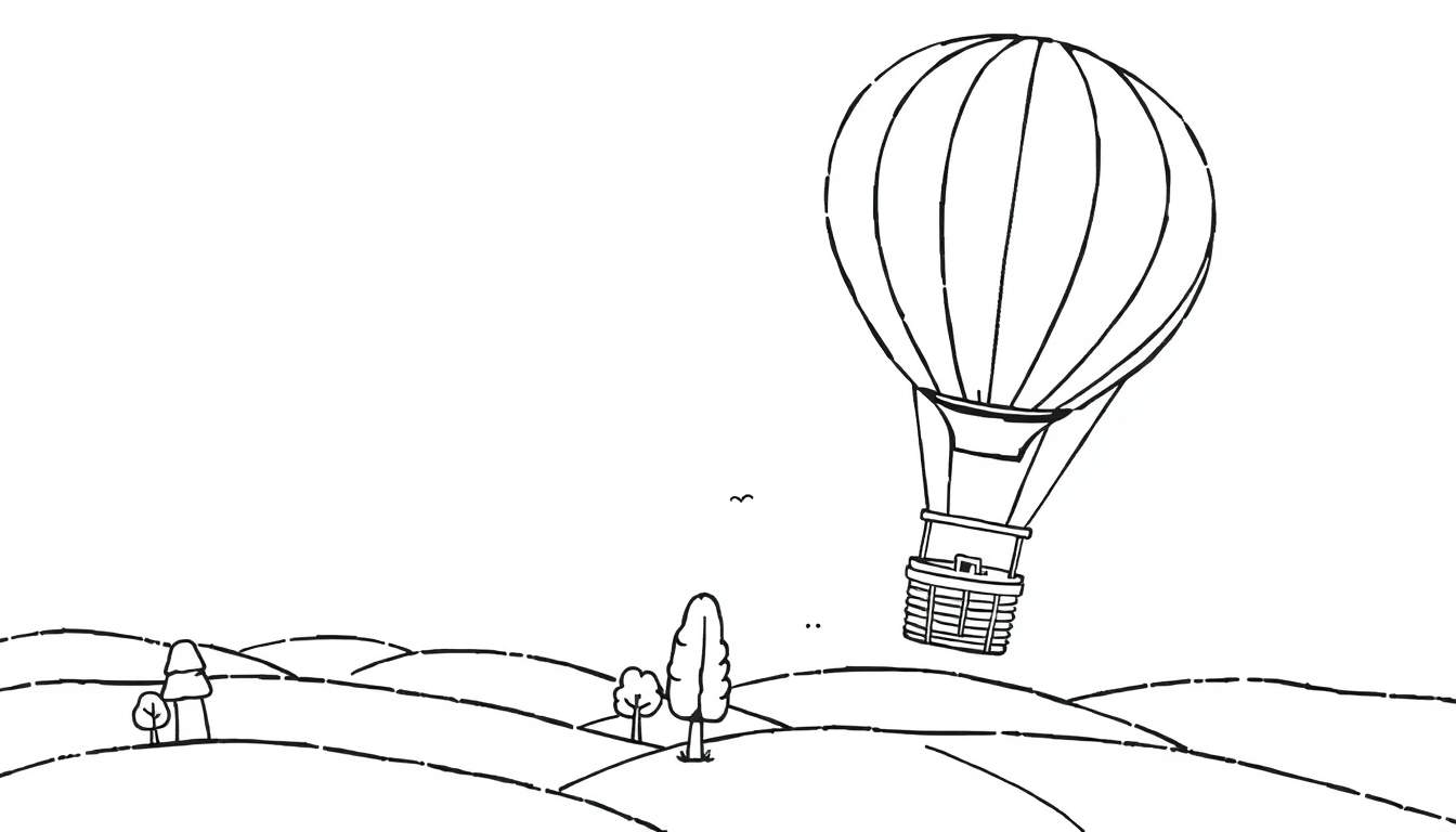 Zwart-wit lijntekening van een heteluchtballon boven heuvels met bomen en vogels in de lucht, klaar om gekleurd te worden.