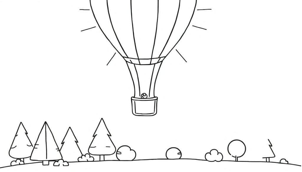 Lijntekening van een heteluchtballon met verticale strepen en een mandje, zwevend boven een glooiend landschap met gestileerde dennenbomen, struiken en een ronde en kegelvormige boom.