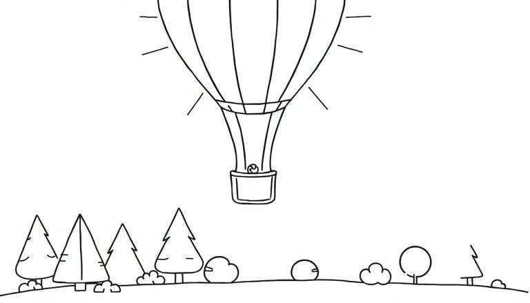 Lijntekening van een heteluchtballon met verticale strepen en een mandje, zwevend boven een glooiend landschap met gestileerde dennenbomen, struiken en een ronde en kegelvormige boom.