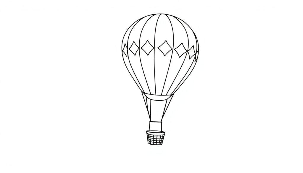 Lijntekening van een heteluchtballon met mandje, klaar om ingekleurd te worden.