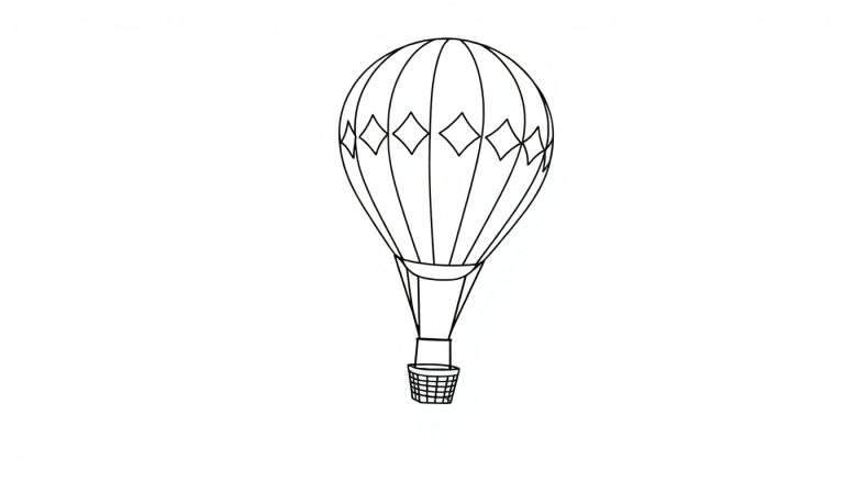 Lijntekening van een heteluchtballon met mandje, klaar om ingekleurd te worden.