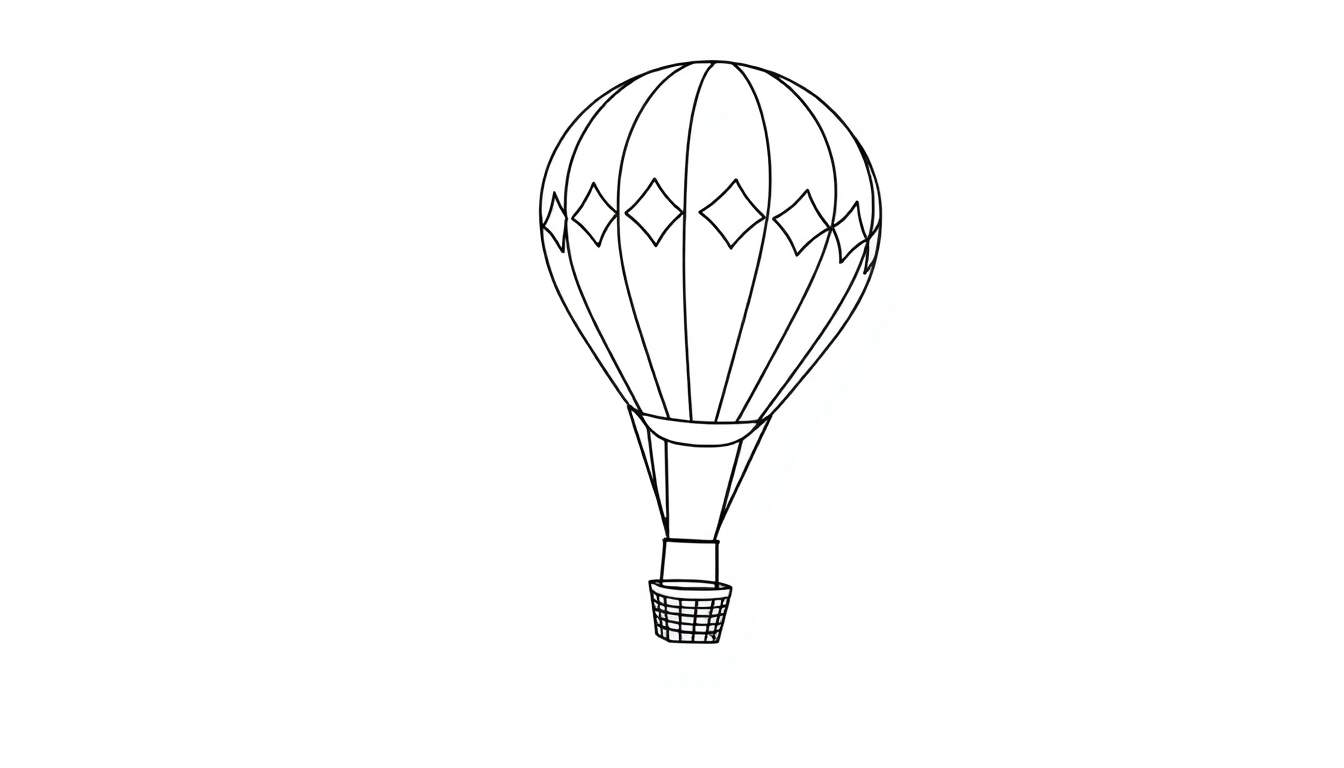 Lijntekening van een heteluchtballon met mandje, klaar om ingekleurd te worden.