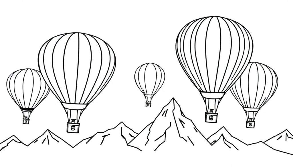 Zwart-witte lijntekening van vijf heteluchtballonnen in verschillende maten boven een berglandschap.